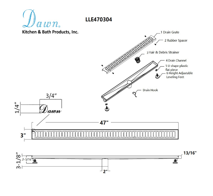 Dawn® 32 Inch Linear Shower Drain, The Loire River In France Series, Polished Satin Finish