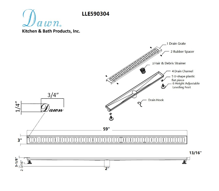 24 Inch Linear Drain with Adjustable Feet, Luxury Polished Finish Drain, Dawn USA LLE240304