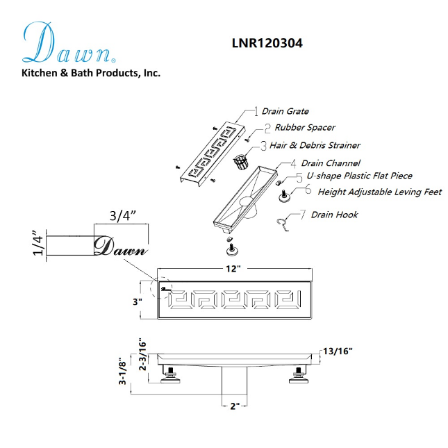 Dawn® 32 Inch Linear Shower Drain, The River Niger In Mali Series, Polished Satin Finish