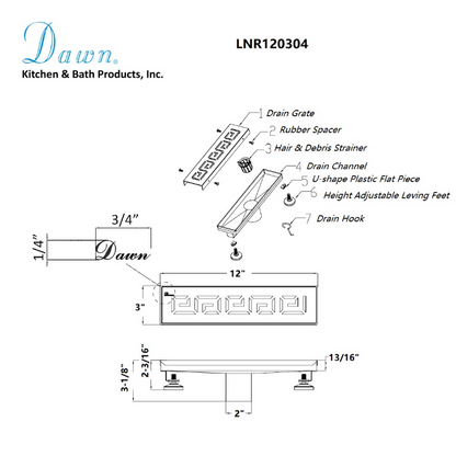 Dawn® 32 Inch Linear Shower Drain, The River Niger In Mali Series, Polished Satin Finish