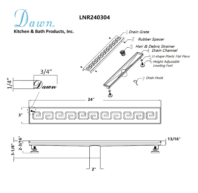 Dawn® 59 Inch Linear Shower Drain, The River Niger In Mali Series, Polished Satin Finish