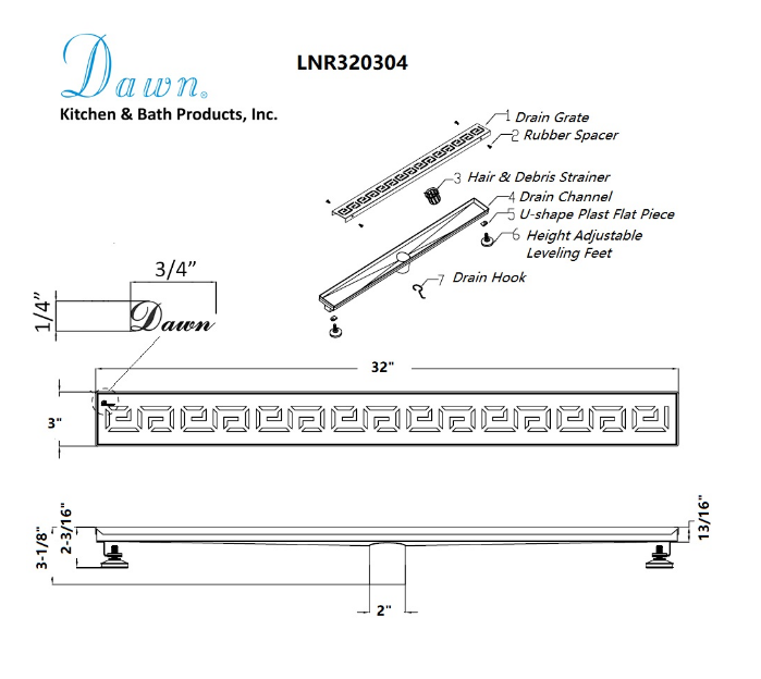 24 Inch Linear Drain with Adjustable Feet, Luxury Polished Finish Drain, Dawn USA LNR240304