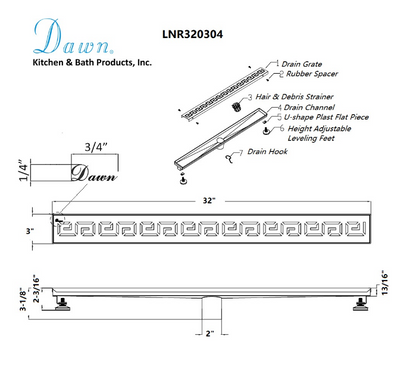 Dawn® 59 Inch Linear Shower Drain, The River Niger In Mali Series, Polished Satin Finish