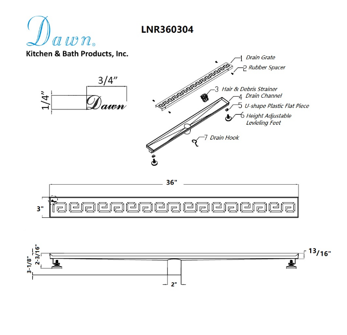 Dawn® 32 Inch Linear Shower Drain, The River Niger In Mali Series, Polished Satin Finish