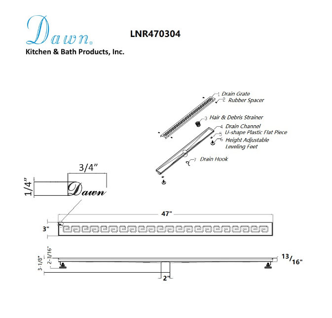 Dawn® 32 Inch Linear Shower Drain, The River Niger In Mali Series, Polished Satin Finish