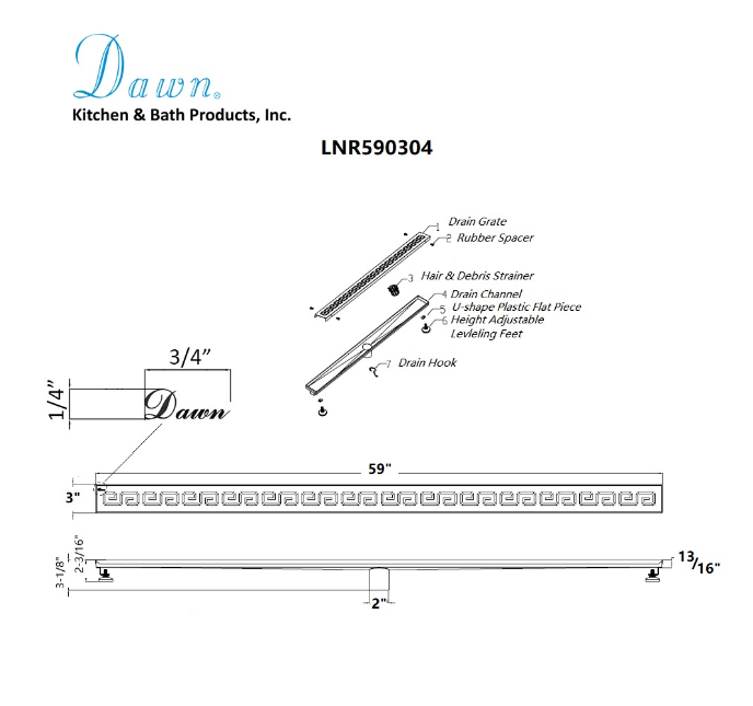 24 Inch Linear Drain with Adjustable Feet, Luxury Polished Finish Drain, Dawn USA LNR240304