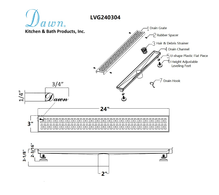 12 Inch Linear Drain with Leveling Feet, Dawn USA Views Along The River Nile Series