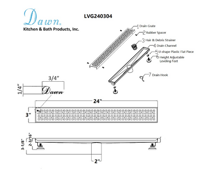 12 Inch Linear Drain with Leveling Feet, Dawn USA Views Along The River Nile Series