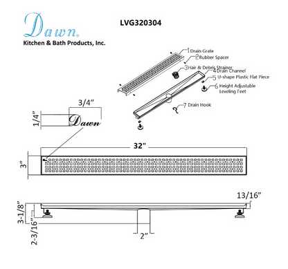 Dawn® 47 Inch Linear Shower Drain, Views Along The River Nile Series, Polished Satin Finish