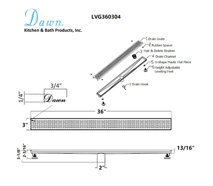 12 Inch Linear Drain with Leveling Feet, Dawn USA Views Along The River Nile Series