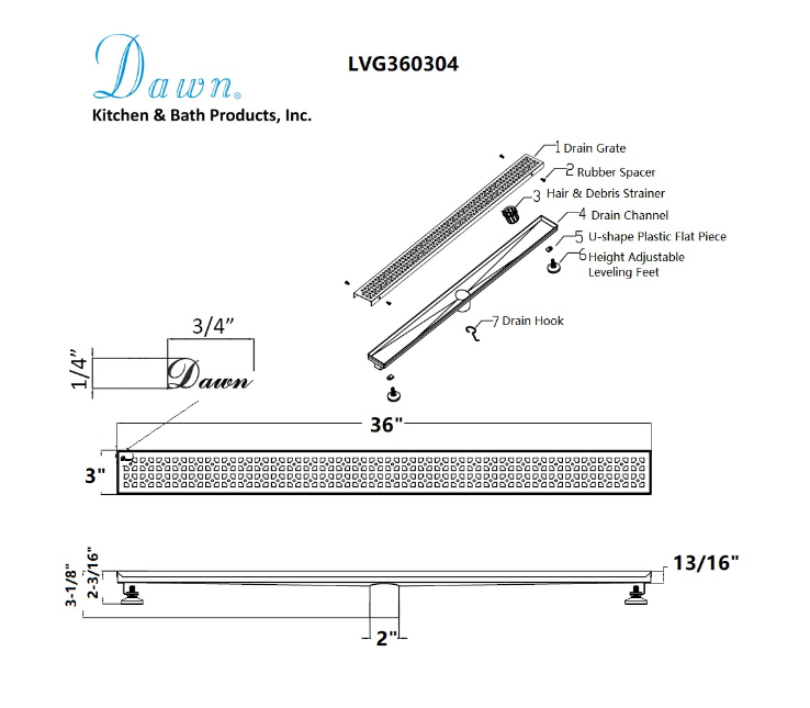 Dawn® 36 Inch Linear Shower Drain, Views Along The River Nile Series, Polished Satin Finish