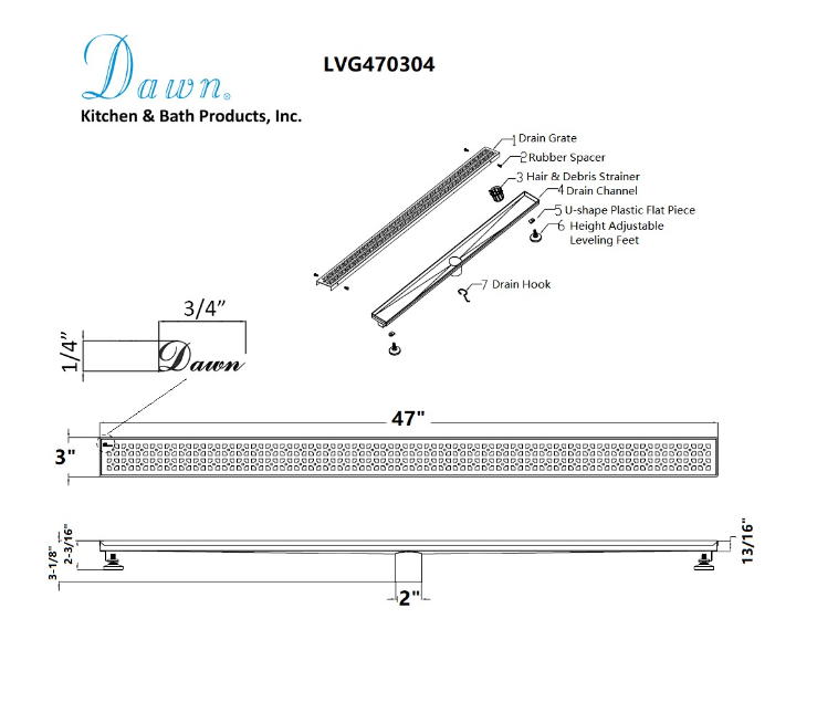 Dawn® 32 Inch Linear Shower Drain, Views Along The River Nile Series, Polished Satin Finish