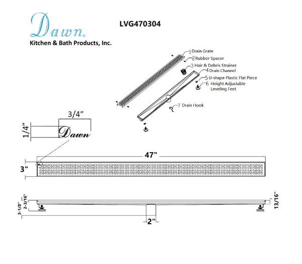 12 Inch Linear Drain with Leveling Feet, Dawn USA Views Along The River Nile Series