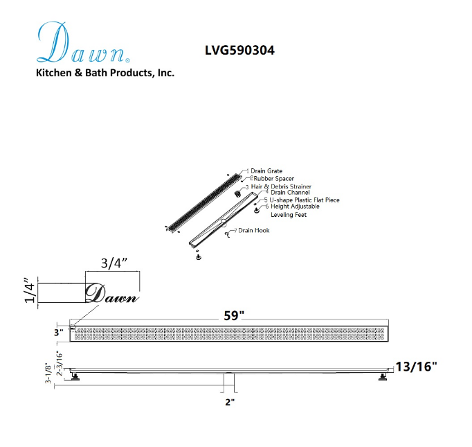 Dawn® 47 Inch Linear Shower Drain, Views Along The River Nile Series, Polished Satin Finish