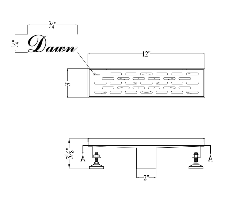 12 Inch Linear Drain with Adjustable Leveling Feet, Dawn USA Yangtze River Series