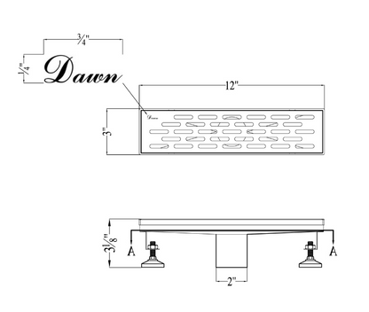 12 Inch Linear Drain with Adjustable Leveling Feet, Dawn USA Yangtze River Series