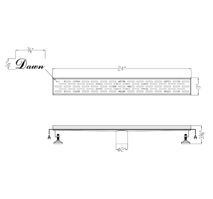 12 Inch Linear Drain with Adjustable Leveling Feet, Dawn USA Yangtze River Series