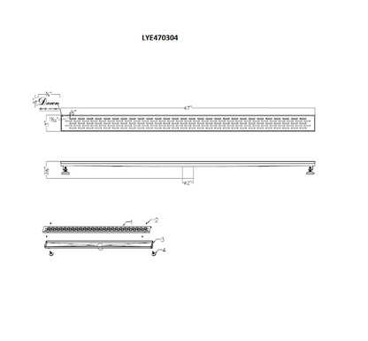 12 Inch Linear Drain with Adjustable Leveling Feet, Dawn USA Yangtze River Series