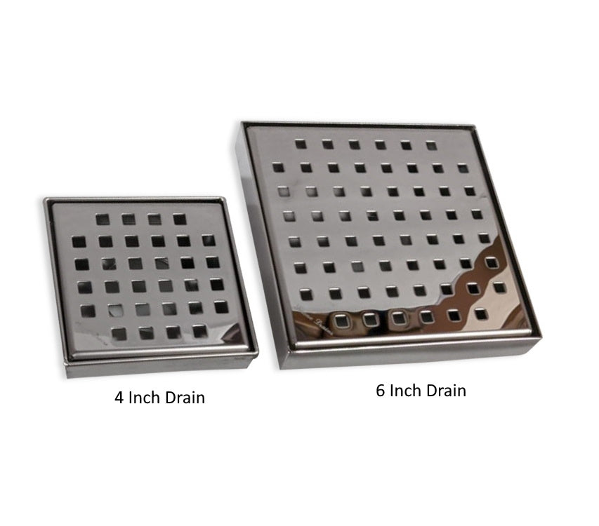 Shower Set: 4 Inch Polished Chrome Square Shower Drain With Shower Shelf