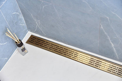 30 Inch Satin Gold Linear Shower Drain, Broken Lane Design by SereneDrains