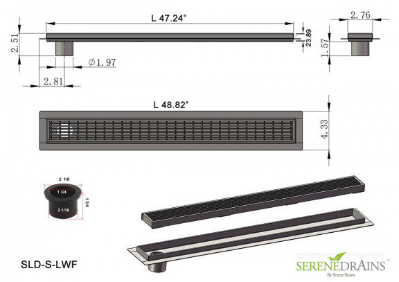 48 Inch Side Outlet Linear Shower Drain by SereneDrains