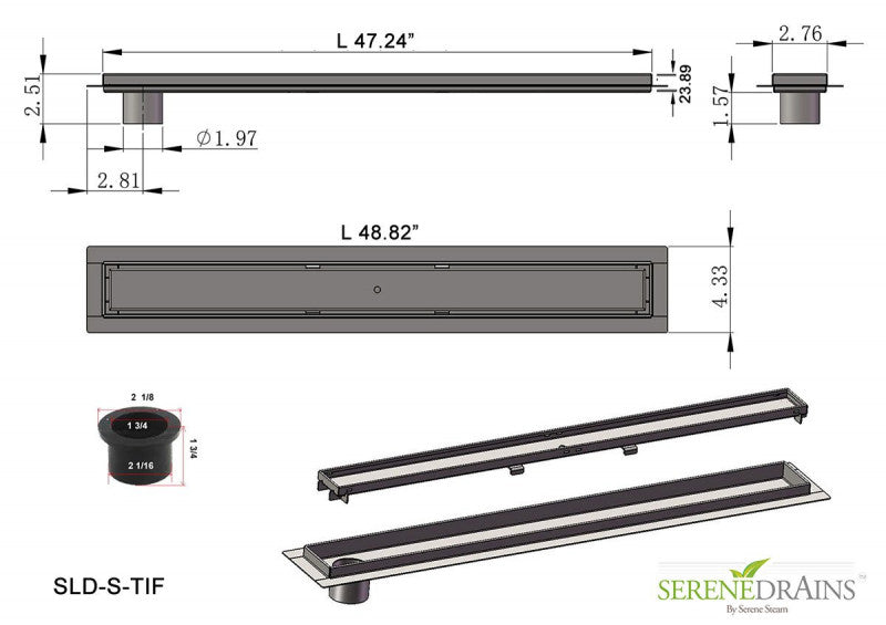 48 Inch Side Outlet Linear Shower Drain by SereneDrains