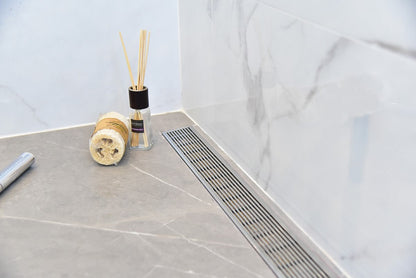 30 Inch Brushed Linear Shower Drain in Wedge Design by SereneDrains